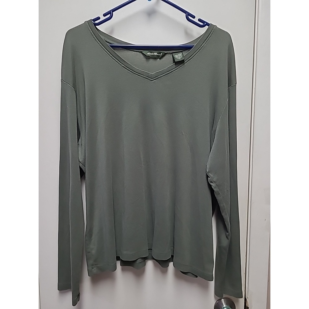 Eddie bauer olive green long sleeve V-neck cotton Pullover Shirt Women's Sz‎ XXL